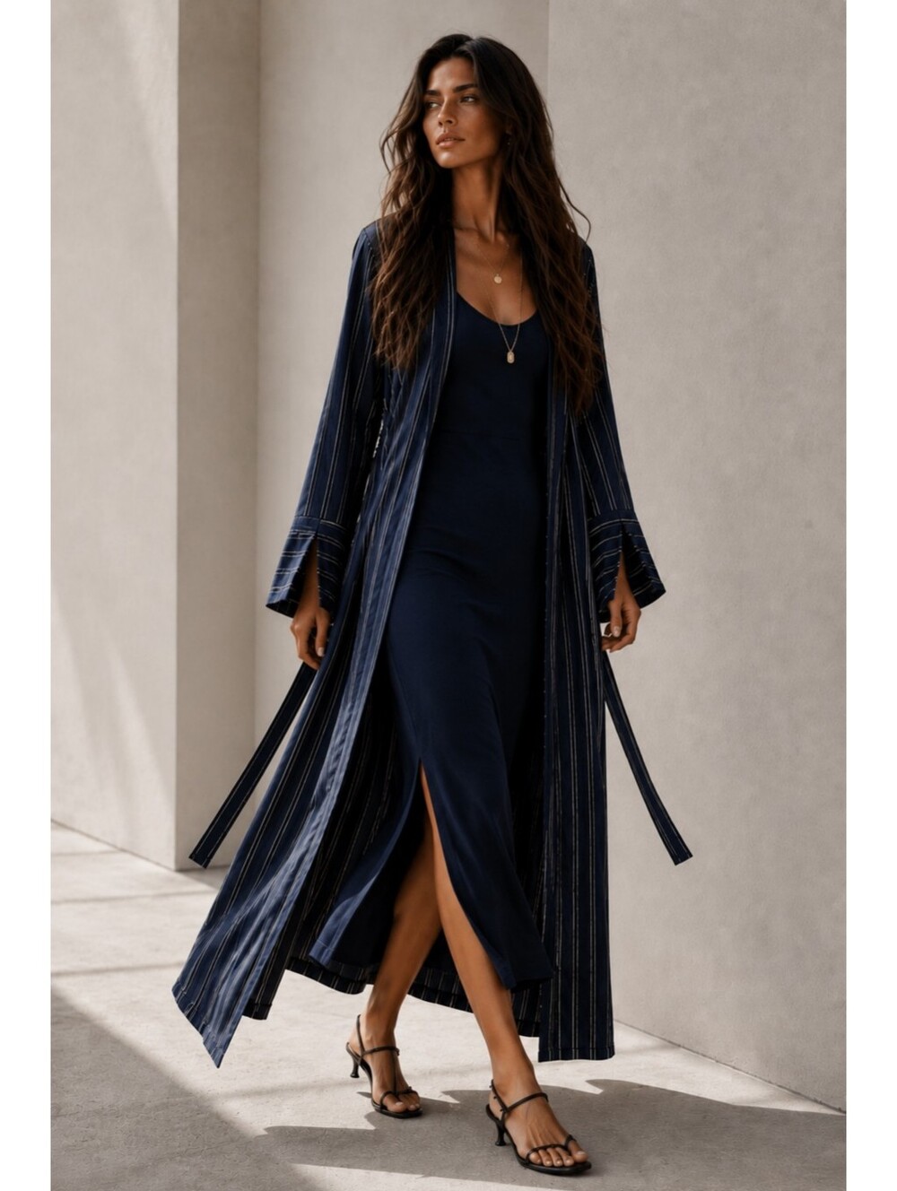 Zara Navy Stripe Duster Cardigan Side Slit Tie Waist Minimalist Coastal Small